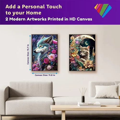 Miniatura 2 de OFRKE Kits de Pintura de Diamantes de Gato y Lobo de 2 Piezas para Adultos, Kits de Arte de Diamantes 5D DIY de Taladro Completo Redondo