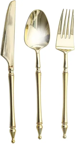 Miniatura 6 de Efavormart - Juego de 24 utensilios de plástico europeo con purpurina dorada con mango de columna romana, tenedor, cuchara y cuchillo desechables