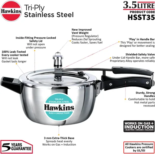 Miniatura 8 de Hawkins Olla a presión de acero inoxidable triple de 3,5 litros, cocina de tapa interior, plata (HSST35)