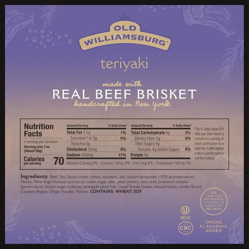 Miniatura 2 de Old Williamsburg Teriyaki Beef Jerky, 2 onzas (paquete de 3) Pechuga de res real Cecina hecha a mano Snack de carne sin gluten Envasado