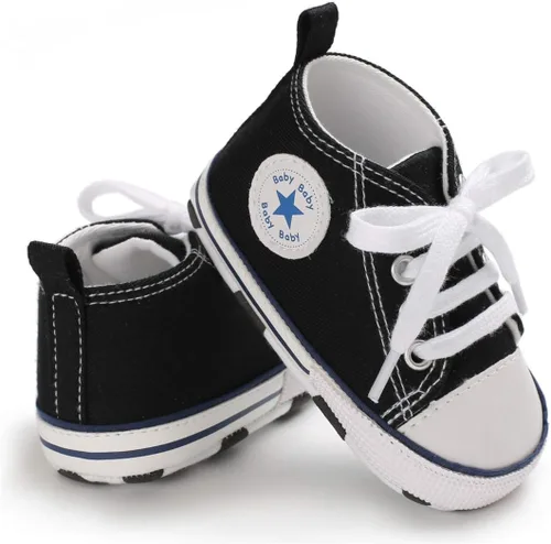 Miniatura 4 de KIDSUN - Zapatos deportivos unisex de caña alta para bebés mezclilla de lona suela antideslizante suaves para los primeros pasos A01-negro 3-6