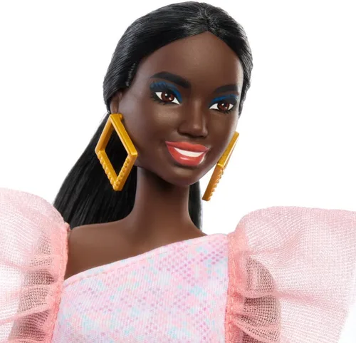 Miniatura 3 de Muñeca Barbie Fashionistas #216 con cuerpo alto y cabello negro en moño bajo en vestido de fiesta rosa y melocotón, juguete coleccionable del 65