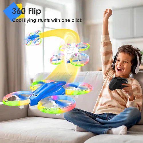 Miniatura 3 de Dron para niños y principiantes con luz LED, pequeño dron de interior con luces RC, voltereta de 360, 2 baterías, juguete volador para niños, regalo