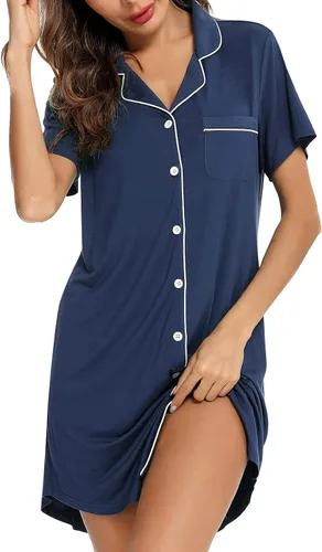 Miniatura 34 de Samring Camisón de pijama para mujer, manga corta/larga, con botones, camisón para dormir, camisón para novio, talla XXL