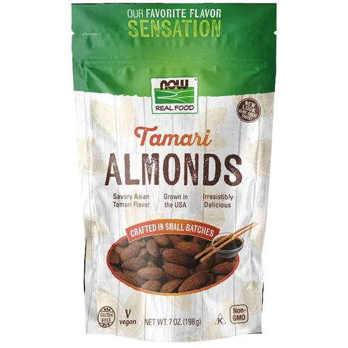 NOW Foods, Almendras Tamari, sensaciones de sabor, sabroso sabor tamari asiático, sin gluten y certificado sin OMG, 7 onzas (el embalaje puede
