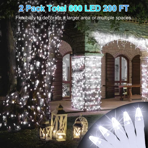 Miniatura 2 de Paquete de 2 Total 200 Pies 600 Luces LED de Navidad en Cadena, Luces de Árbol de Hadas Blanco Frío Conectables, 8 Modos y Temporizador Luces
