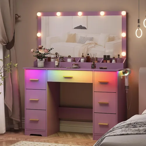 Miniatura 16 de Escritorio de tocador de 44 pulgadas con espejo grande de 38 pulgadas y 9 luces LED y parte superior de cristal y toma de corriente, juego