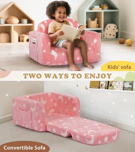 Miniatura 5 de Sofá para niños, sofá suave 2 en 1 plegable con manta y almohada de nube, que brilla en la oscuridad, sofá convertible, regalos para niños y niñas