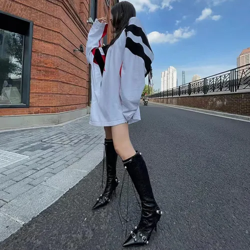 Miniatura 7 de Dsevht Botas altas hasta la rodilla negras de aguja para mujer, botas de tacón alto de moda con cremallera