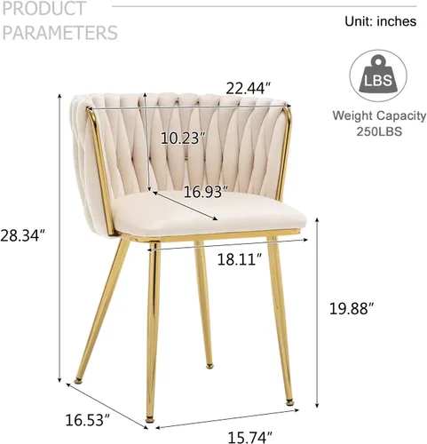 Miniatura 3 de ECHINGLE Juego de 2 sillas de comedor de terciopelo, modernas sillas de comedor tejidas tapizadas con patas de metal dorado, sillas decorativas