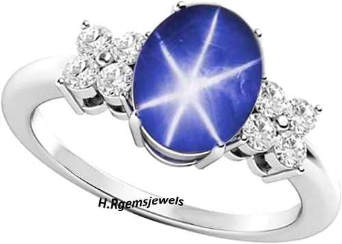 Miniatura 4 de Anillo ovalado de zafiro estrella, anillo de estrella Lindy azul, 6Rays, creado en laboratorio, anillo de aniversario de estrella azul, anillo