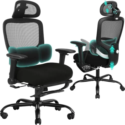 Miniatura 12 de Silla de oficina ergonómica con brazos abatibles y reposapiés 4D, silla de escritorio de malla para juegos con reposacabezas 3D y soporte lumbar