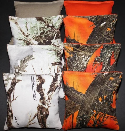 BackYardGamesUSA Bolsas de Cornhole para todo tipo de clima, relleno de resina, naranja y blanco, madera, camuflaje, caza, pesca