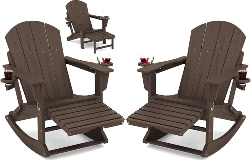 Miniatura 39 de Mecedora Adirondack de KINGYES con Otomana Retráctil y Portavasos, Silla Reclinable de Patio de HDPE Adirondack para Porche, Patio, Balcón, Azul Aqua