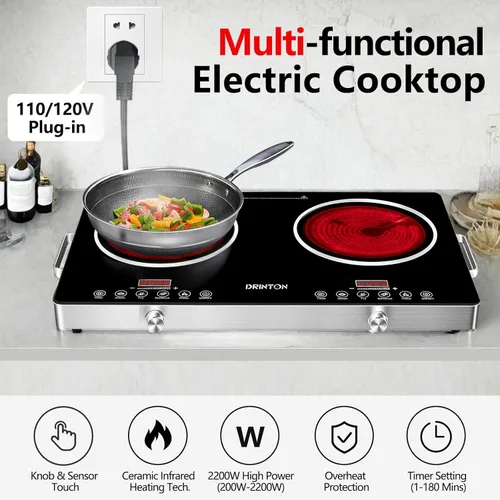 Miniatura 2 de Placa eléctrica de 2 quemadores, 2200 W+2200 W 110 V con temporizador de 3 horas, temperatura ajustable para cocina de encimera, estufa portátil