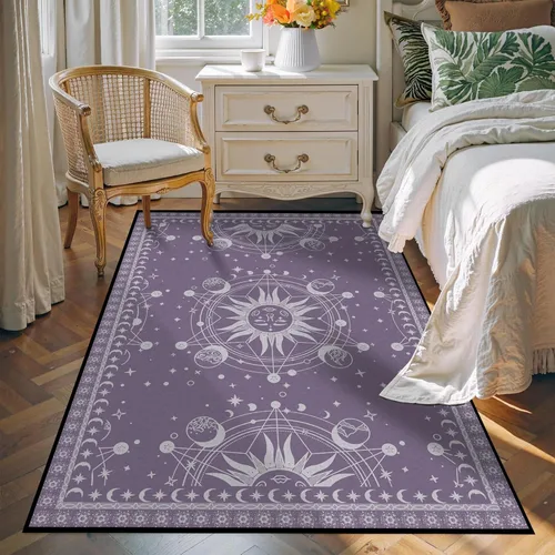 Miniatura 10 de 5' X 7' Alfombra con diseño de sol y luna, alfombras boho celestiales para dormitorio, sala de estar, estilo bohemio, oculto, media luna, solar
