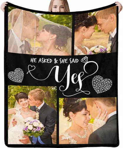 Manta de fotos personalizada, manta de pareja de boda, con texto en inglés «He Asked And She Said Yes», 4 fotos, manta de boda, regalo romántico,
