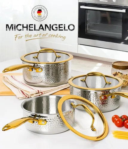 Miniatura 7 de Michelangelo Triply - Juego de cacerolas de acero inoxidable martillado de lujo con mango dorado, juego de ollas de alta calidad, compatible