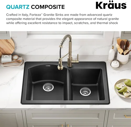 Miniatura 5 de Kraus Forteza - Fregadero de cocina de doble seno 50/50 de granito de instalación empotrada/sobre encimera, 33 pulgadas, color negro (KGD-52BLACK)