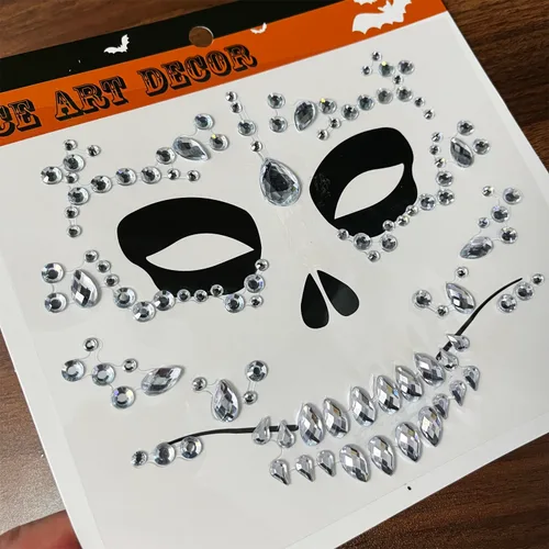 Miniatura 8 de Day of the Died Skull Halloween - Tatuajes de joyería de cara de Halloween, paquete de 4 calcomanías temporales de diamantes de imitación