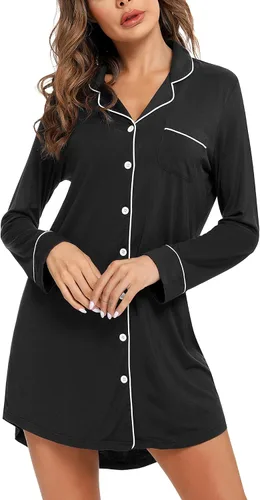 Miniatura 110 de Samring Camisón de pijama para mujer, manga corta/larga, con botones, camisón para dormir, camisón para novio, talla XXL