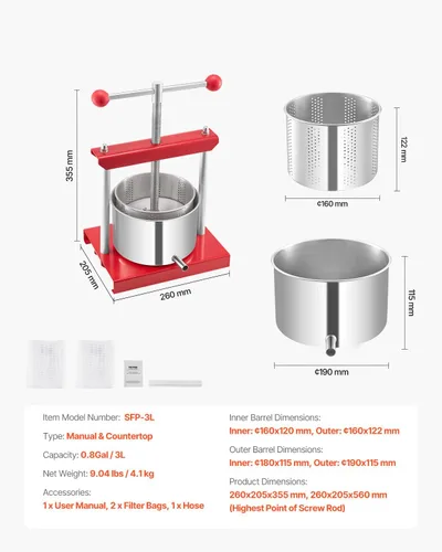 Miniatura 7 de VEVOR Prensa de vino de frutas de 0.8 galones/3L, 2 barriles de acero inoxidable, exprimidor manual, prensa para hacer sidra, manzana, uva, tintura