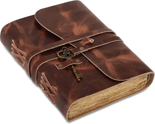 Miniatura 26 de Diario de cuero con papel de borde picoteado de 17,78x12,7 cm y llave vintage Cuaderno de escritura hecho a mano Cuaderno diario encuadernado