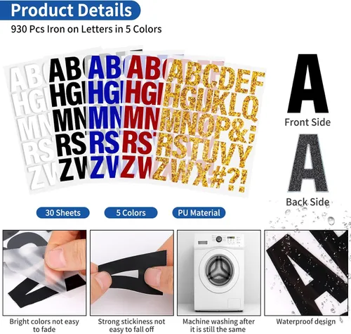 Miniatura 2 de 930 letras termoadhesivas para ropa de 1.6 pulgadas para planchar en vinilo con 30 hojas de letras de transferencia de calor de la A a la Z en 5