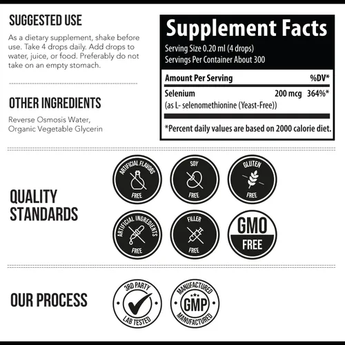 Miniatura 6 de Selenio – 200 mcg, forma de selenometionina, 300 porciones – vegano, botella de vidrio, sin levadura – Concentrado líquido sublingual, antioxidante