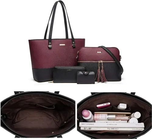 Miniatura 100 de Juego de 4 bolsas modernos para mujer de cuero sintético: bolso tote, bolso de hombro, bolso de mano y cartera.