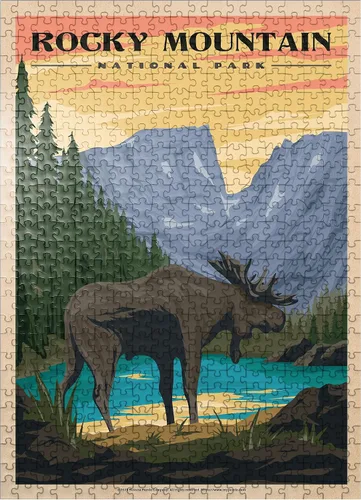 Miniatura 8 de MyPuzzle Rocky Mountain National Park - Alce en el amanecer rocoso, póster de viaje vintage, rompecabezas de 100 piezas para adultos