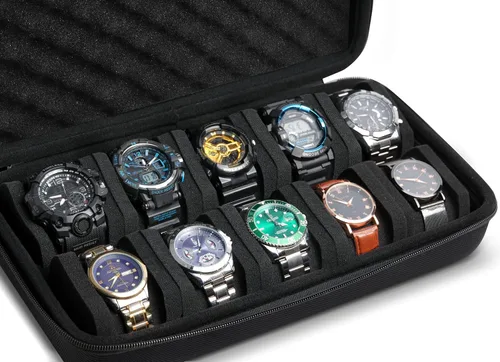 Caja de almacenamiento de 10 ranuras para relojes, bolsa de viaje para relojes dura con almohada suave, organizador de exhibición de relojes, apto