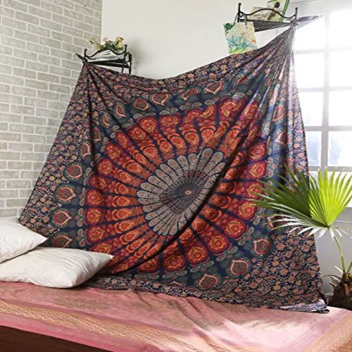 Miniatura 3 de RAJRANG Tapiz de Mandala de Pavo Real Hippie para Colgar en la Pared 90 x 84 pulgadas Tapices Decorativos Trippy Bohemios Indios Hechos a Mano