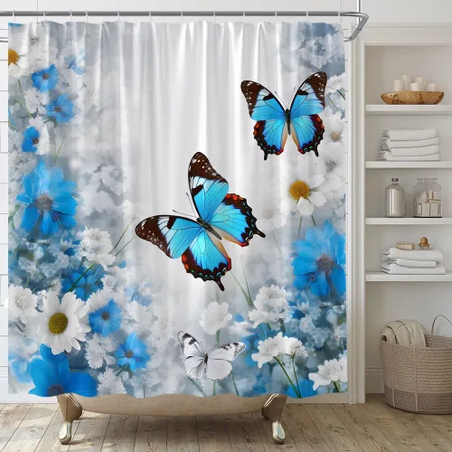 Miniatura 7 de Cortina de ducha de flores y mariposas, flores de flores, primavera, naturaleza, fantasía, jardín, tela para el hogar, juego de decoración de baño