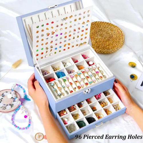 Miniatura 69 de Joyero de pendientes para mujeres y niñas, organizador de aretes de 5 capas, caja organizadora de joyas blanca con candado, collares y aretes
