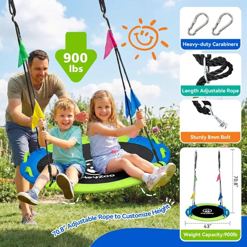 Miniatura 3 de HeyZoo Columpio de árbol de 43 pulgadas, conjunto de columpios de platillo con capacidad de peso de 900 libras para niños, viene con giro de 360