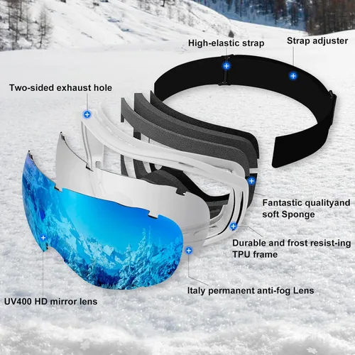 Miniatura 4 de FMY Gafas de esquí y snowboard OTG, protección UV400, anti niebla, gafas de esquí para motos de nieve para hombres, mujeres y jóvenes Marco blanco