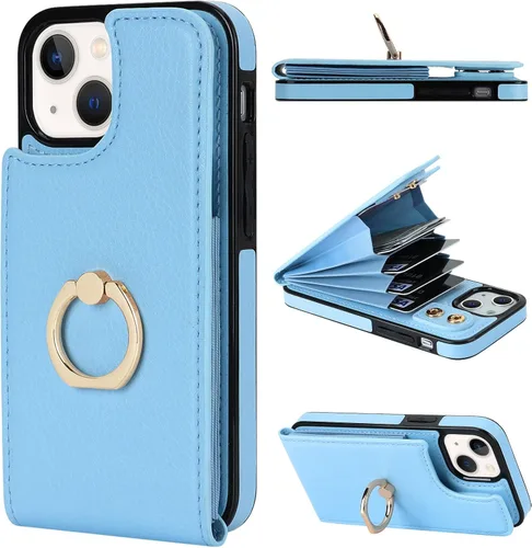 Folosu Funda compatible con iPhone 13 Mini con soporte para tarjetas, rotación de 360°, soporte de anillo de dedo con función atril, protección Azul