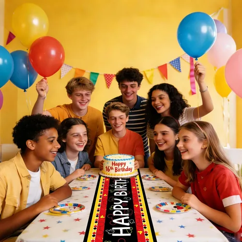 Miniatura 6 de Camino de mesa de feliz cumpleaños, negro, rojo, amarillo, ratón, tela de poliéster, decoración de mesa de comedor para decoración de fiesta