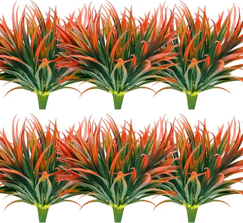 Miniatura 20 de 8 piezas flores artificiales de otoño para decoración al aire libre, plantas artificiales de otoño para exteriores, hierba amarilla artificial