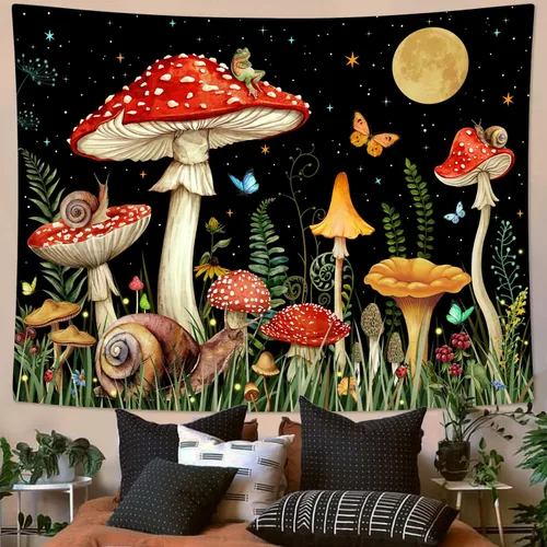 Miniatura 37 de Zussun Tapiz de hongo rojo, tapices de luna y estrella para dormitorio, estética de color beige, noche estrellada, planta verde, tapiz de pared