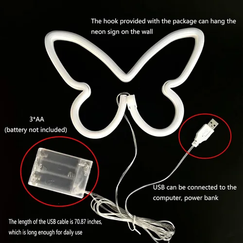 Miniatura 9 de ENUOLI - Luces decorativas LED de neón en forma de mariposa, letrero de neón con forma de mariposa, decoración de luz de neón, funciona
