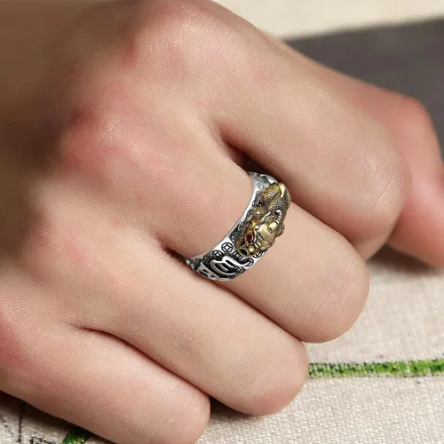 Miniatura 3 de RUIFUU Feng Shui Pixiu Mantra Anillo Lucky Wealth Love Health Anillo Budista Joyería para Hombres Mujeres, Cobre, oro, plata