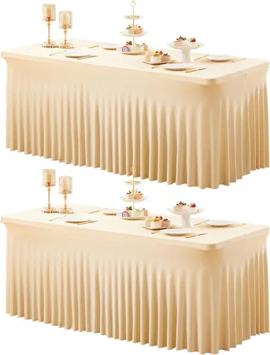 Miniatura 14 de Paquete de 2 manteles color azul bebé para mesa rectangular de 4 pies, manteles de elastano elásticos de 4 pies, falda blanca rectangular para baby