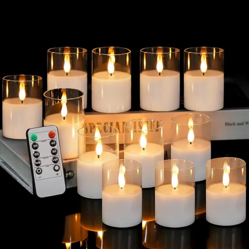 Miniatura 10 de VIODAIM Paquete de 6 velas votivas de cristal parpadeantes sin llama con control remoto, velas votivas de cera real de 2 x 3 pulgadas, funcionan