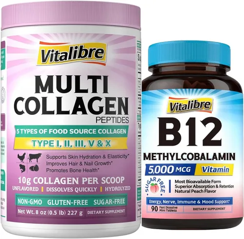 Polvo de péptidos de colágeno múltiple tipo I II III V X, proteína de colágeno hidrolizada para mujeres y hombres y vitamina B12 sublingual 5000