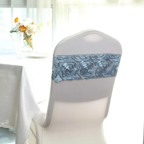 Miniatura 9 de Tableclothsfactory Paquete de 5 bandas de satén azul polvoriento, roseta de elastano, para banquetes de boda, fiesta, banquete, decoración de eventos