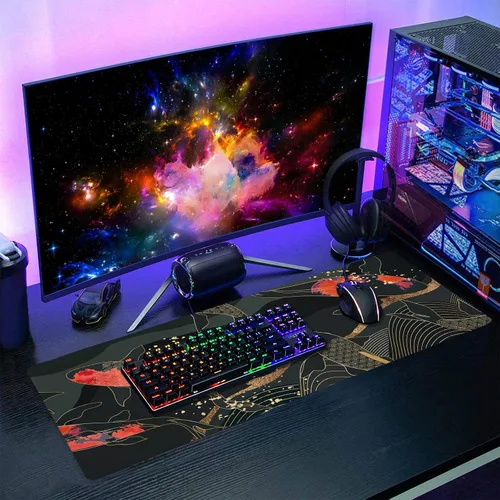 Miniatura 7 de Alfombrilla de mouse para juegos XL japonesa en negro y rojo con arte de peces koi, textura dorada, anime, borde cosido, base de goma antideslizante