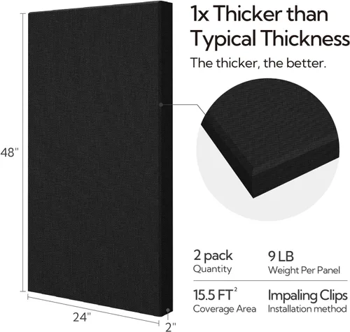 Miniatura 4 de Olanglab Paneles Acústicos Absorbentes de Sonido para Pared, Paquete de 2, Paneles de Amortiguación de Sonido de Fibra de Vidrio de 2'' 24''x48
