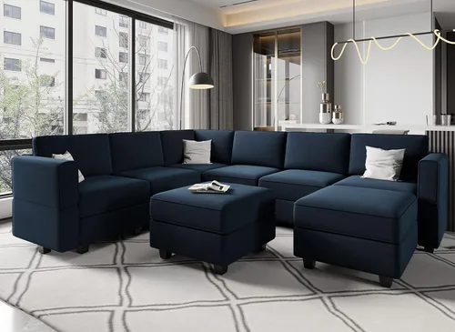 Miniatura 18 de Belffin Sofá modular en forma de U con tumbonas reversibles, de terciopelo, con asiento de almacenamiento, color negro